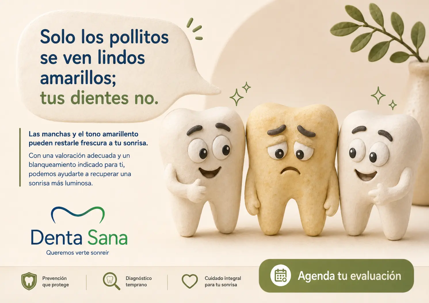 Ilustración de la campaña Denta Sana sobre dientes amarillos y blanqueamiento dental